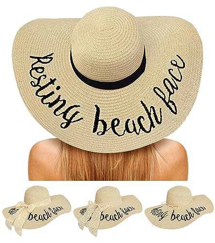 Senker Fashion Beach Hats for Women, Floppy Straw Sun Hat Embroidered Wide Brim for Summer Honeymoon Vacation Cruise