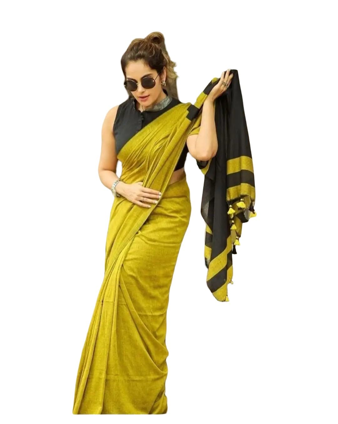 Women's Saree, Mustard Yellow with Black Border, Silk Blend, Traditional Indian Wear