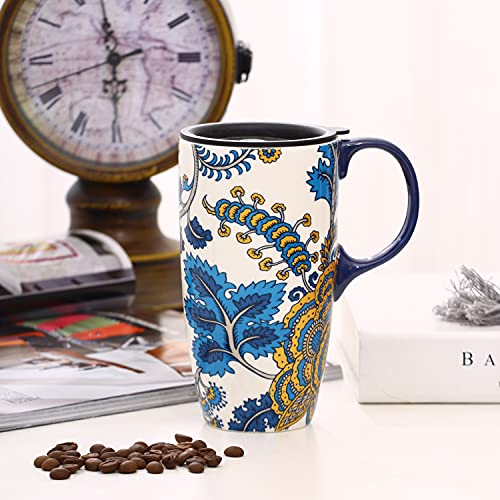 Topadorn Ceramic Coffee Mug Travel Cup Gift With Lid 17Oz., Porcelain Tall Tea Cup With Handle For Home & Office, Blue Art Pattern Gift Mug, 6.5''H #TOP7