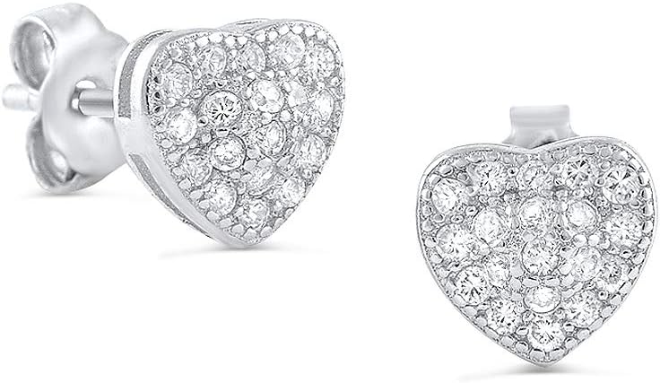 Rhodium Plated Sterling Silver Cubic Zirconia Heart Womens Earrings, Comes Gift Ready, Unique gifts for Women Tiny cartilage earrings Silver Second Tiny Studs for Ladies