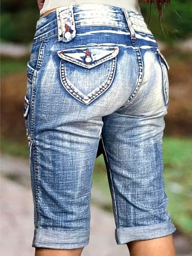 Flamingals Women's Capri Cargo Jeans Mid Waisted Stretchy Summer Skinny Wash Flap Pocket Denim Pants2