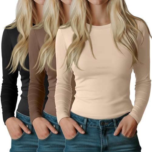 Riyiper 3 Pack Women's Long Sleeve Shirts Cotton Crew Neck Tops Slim Fitted Stretchy Casual Basic Tees 2025 Fall