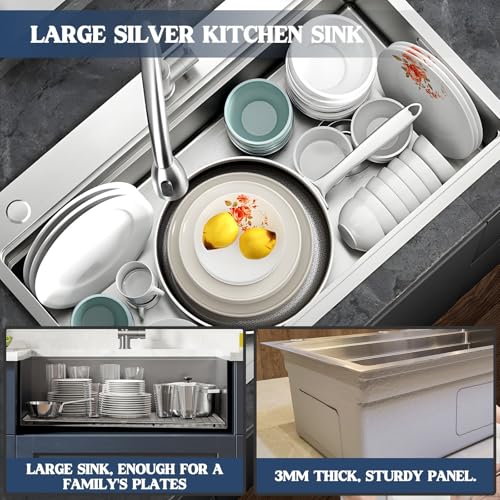 Lavello Da Cucina 60 X 50 Cm, In Acciaio Inox 304 Spazzolato, Con Scolapiatti, Sifone, Scarico, 1 Lavandino Da Incasso, Rettangolare, Grande Bacino, Superficie Facile Da Pulire - 3