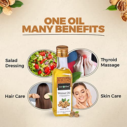 Image of nutndiet Cold Pressed Walnut Oil 100ml Glass Bottle | Pure & Natural Edible Akhrot Ka Tel | Rich in Omega-3 & Antioxidants | Ideal for thyroid massage, Face Skin & Hair Care