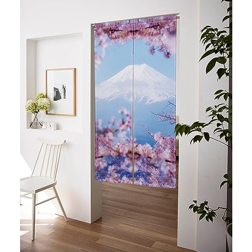 Qinunipoto 暖簾 富士山 桜の花 自然風景 のれん シンプル風 幅85cm丈150cm インテリア 出入り口 目隠し おしゃれ すだれ 遮光 部屋 間仕切りカーテン 門カーテン ポリエステル製 オーダー可 簡単取付 四季兼用