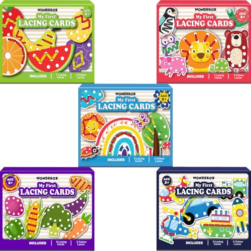 Image of WONDRBOX Montessori Lacing Cards Educational Toy for Kids | Ages 2-4 Years, Set of 3, 22 Cards & 6 Laces, Occupational Therapy, Autism Support