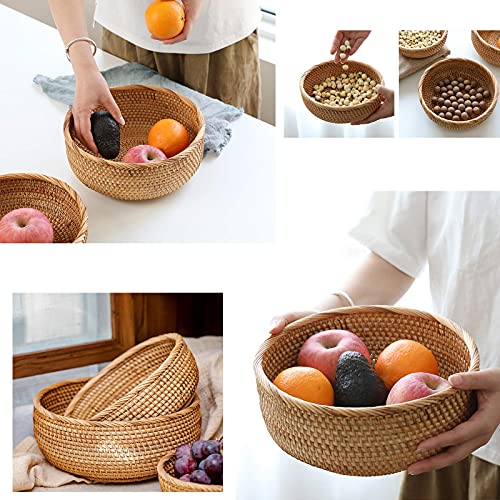 BTSKY Set of 3 Round Rattan Woven Fruit Basket - Handmade Wicker Food Staorage Tray Snack Organizer Bins Vagetable Bowl Home Decorative Tray for Dinning Room Kitchen by BTSKY - Image 3