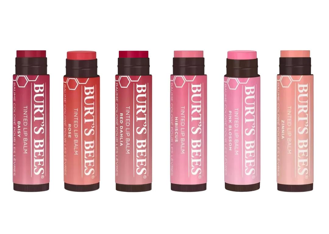 Burt's Bees 6 Pack Tinted Lip Balm Assorted Gift Pack - Pink Blossom, Rose, Red Dahlia, Magnolia, Sweet Violet, Daisy, Hibiscus, Choosen at Random
