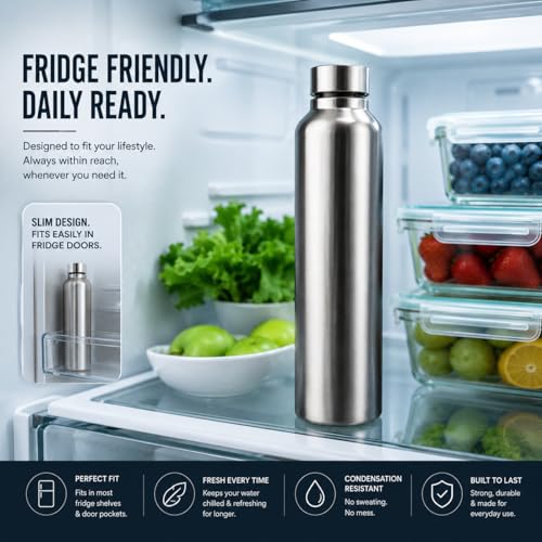 Image of Melvio Water Bottle Stainless Steel Sports /Fridge Bottle with Leak Proof Lid | Single Wall | For Home, Office, Gym, Travelling | Lightweight | BPA Free | 1000ml | Silver) (Set of 5)