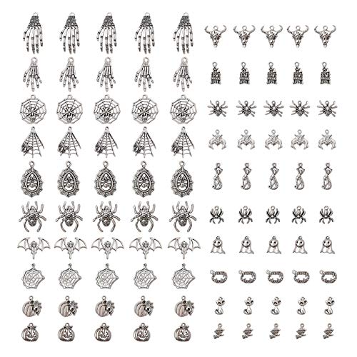 100pcs Tibetan Silver Halloween Charms Pendants Pumpkin Ghost Spider Skeleton Hands Bone Pendants for DIY Crafting Necklace Bracelet