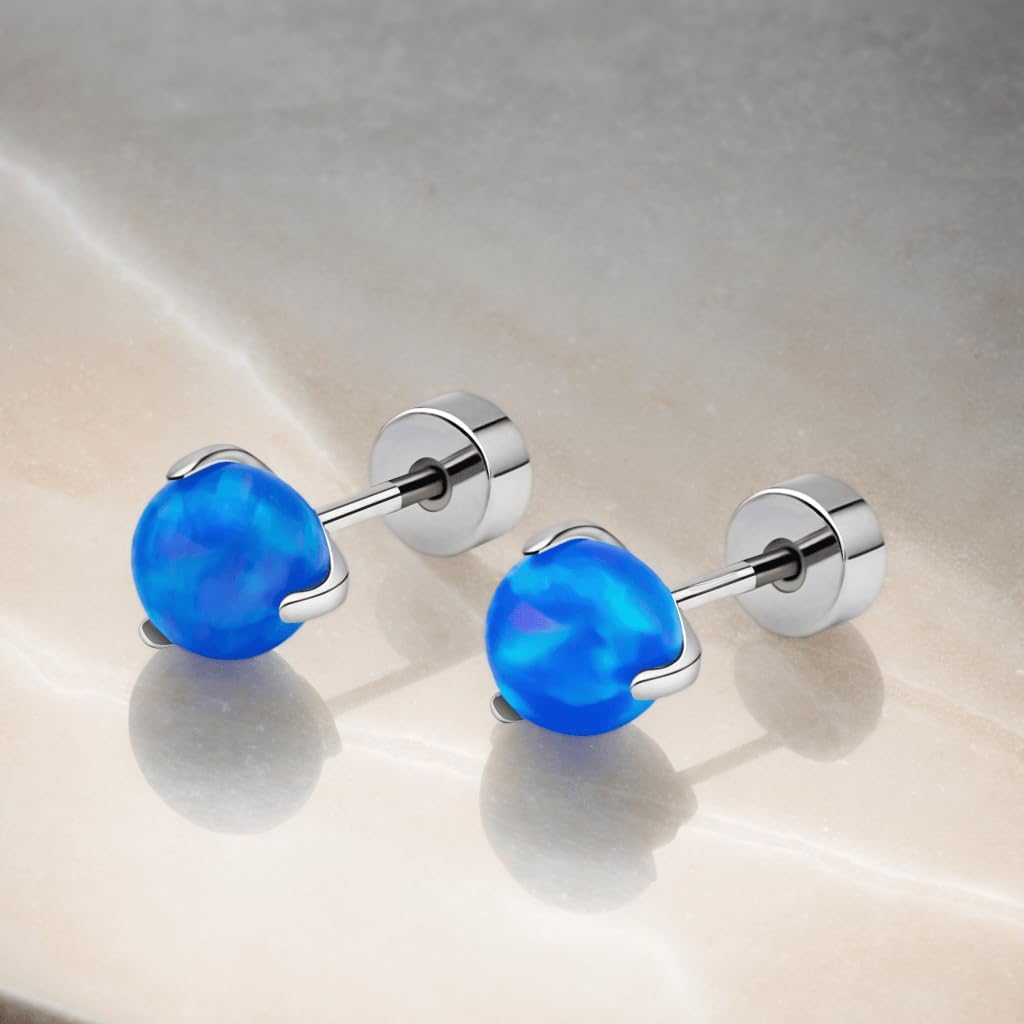 XUU G23 Titanium Flat Back Stud Earrings, 20G Cartilage Earrings with Screwback, 4mm 5mm Synthetic Opal, Hypoallergenic Tragus, Helix Jewelry, 1 Pair - Image 6