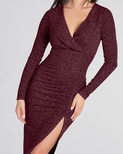 Image of ADDYVERO V-Neck Long Sleeve Lurex Gliter Solid Front Slit Front Ruched Seam Bodycon Above Knee Length Women Dress