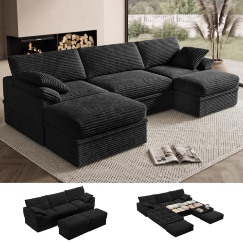 LOOFRA Boneless Couch with Storage, 48.6" Extra Deep-High Seat Modular Sectional Sofa with Ottoman (Black, 3 Seater + 2 Ottoman)