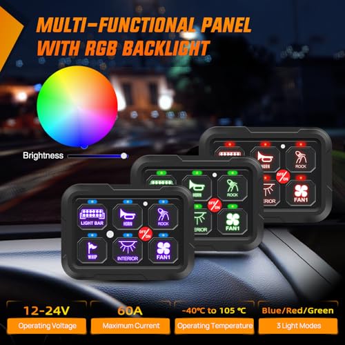 Image of Nilight 6 Gang Switch Panel Relay System w /APP Control Automatic Dimmable | RGB Backlight Panel Circuit Control 2-side Output Fuse Wiring Harness ON Off LED Switch Pod for 12V 24V Car Truck Camper SUV