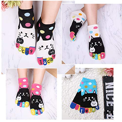 Hellomamma Women's Toe Sock Cute Cat Dog Ankle Sock Cotton Athletic Running Five Finger Socks For Girls (5 Pairs) #TOP6