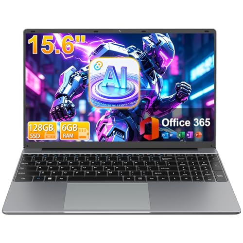 BTDD 15.6" FHD Laptops with AI Assistant Included, Quad-Core Processor(Beat Celeron 5205U), 1 Year Office 365, 6GB RAM 128GB SSD, 180°Rotating, USB-C, 53.2Wh, 1920x1080, for Business and Student