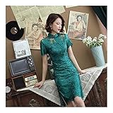 Tipo de tejido: satén Chenran, Botón S Hecho a Mano Vestido de Cuello de Encaje Estilo Chino Cheongsam Tradicional de Las Mujeres Elegantes\' Sexy Vestido Corto (Color: Green, Size: L.)
