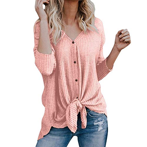 3nhWomen's Knitted Waffle-Button-Up Front-Bow Loose Blusas Summer Tops Acrylic Pink