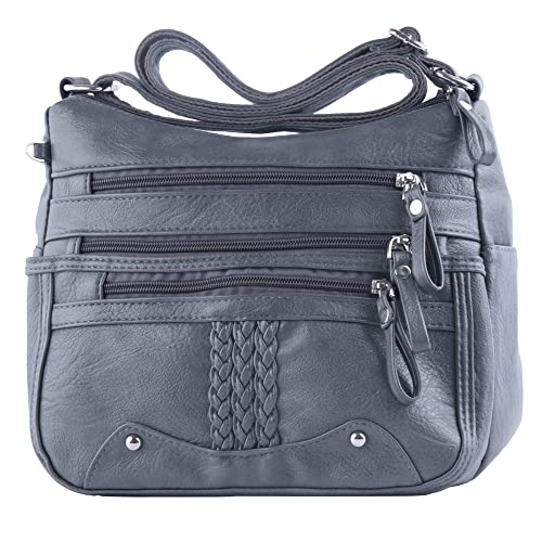 ELDA 10 Pockets Crossbody Purse for Women Medium Pocketbooks Ladies Soft PU Leather Shoulder Bag Ladies Top Handle Satchel (grey)
