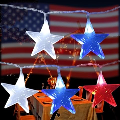 sunmile Red White Blue Star String Lights-2Pack 10Ft 4th of July Decorations Lights with 20 Stars Lights Stars String Lights for Indoor Outdoor Home Independence Day Patriotic Theme Party Gift Decor Cover