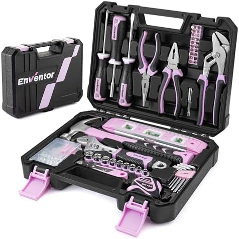 ENVENTOR Haushalts Kleiner Werkzeugkoffer für Frauen, 158-tlg, Rosa | Werkzeug-Set, Werkzeugkasten, Universal Komplett mit Werkzeuge Handwerkzeug, Werkzeugkiste Bestückt, für DIY