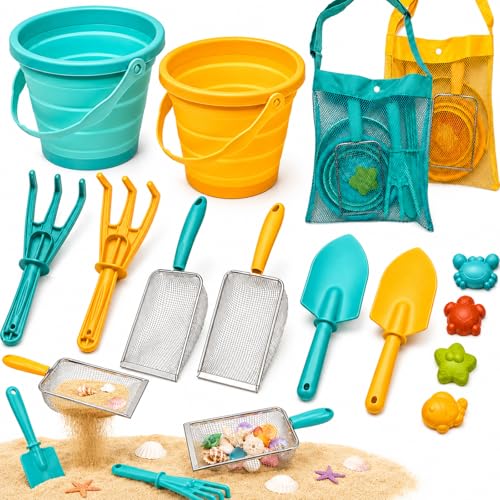 HONHHUO Sandspielzeug Kinder Strandspielzeug Set mit 2 faltbaren Eimern Schaufel Rechen Sandsieb & Netzbeutel 14-teiliges Sandkasten Spielzeug für Strand Garten & Urlaub ab 3 Jahren