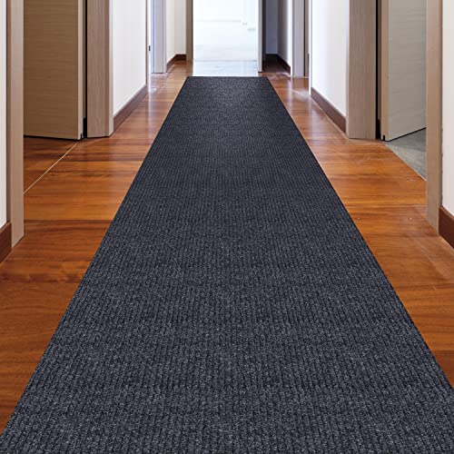 Scrape Rib Solid Design Non-Slip Rubberback 3X14 Indoor/Outdoor Waterproof Runner Rug For Hallway, Kitchen, Living Room, Garage, Patio, 2'7'' X 14', Black #TOP4