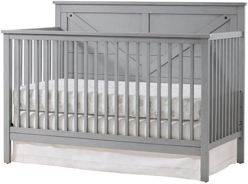 Pemberly Row Modern Wood 4-in-1 Convertible Crib, Gray Finish, Solid Wood Construction, Greenguard Gold Certified, Farmhouse Style Nursery Furniture, Converts to Toddler Bed, Daybed, Full-Size Bed