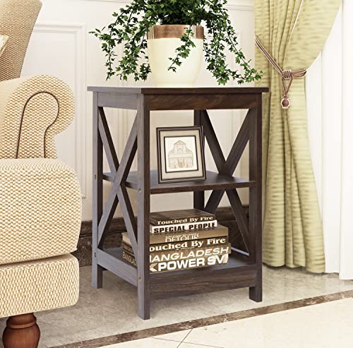 Rainbow Sophia Side Table, Modern Farmhouse Wood End Table With 3-Tier Storage, Dark Walnut #TOP1