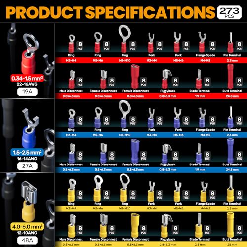 Miniatura 4 de Someline Kit De Crimpadora Terminales Eléctricos, 39 Tipos De Terminales Preaislados, 0,34 6mm Crimpadora Autoajustable De Trinquete Y Pelacables, Para Electricista, Automoción Y Bricolaje