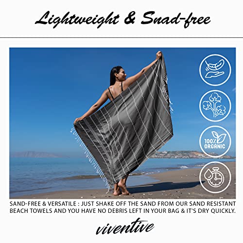 Turkish Beach Towel 37 X 70 Inches - 100% Cotton - Soft And Quick-Dry Sand Free Sand Proof - Thin Lightweight Large Oversized Turkish Towel For Women, Beach Body, Bathroom, Travel, Gym, Black #TOP1