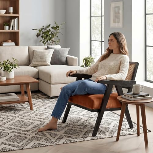 Image of Kingsman Furnitures ABEL Rattan Teak Wood Accent Arm Chair for Home Bedroom, Living, Drawing Room | Ultra Soft Comfortable for Stress Free | Removable Cushion (Black Natural Cane Burnt Orange Velvet)