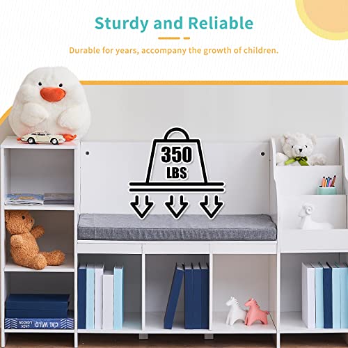 Mooitz Kids Bookshelf With Reading Nook, Toy Organizers And Storage, Nursery Book Shelves, Suitable For Playroom, Bedroom, Hallway, 15" D X 55.1" W X 31.5" H, White #TOP3