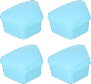 HANABASS 4 piezas Caja de Plástico para Dentaduras Estuche Ligero y Portátil para Viaje Forma Trapecio Fácil Apertura Diseño Ergonómico para Personas Mayores Color Azul