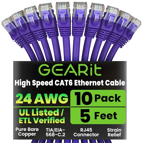 GearIT Cat 6 Ethernet Cable (10-Pack 5 Feet) Cat6 Network Patch, 10Gbps, RJ45, Snagless Cord, Gold-Plated Connectors, Internet for PC, TV, Tablet, Router, Printer, Servers, IT Data Center - Purple