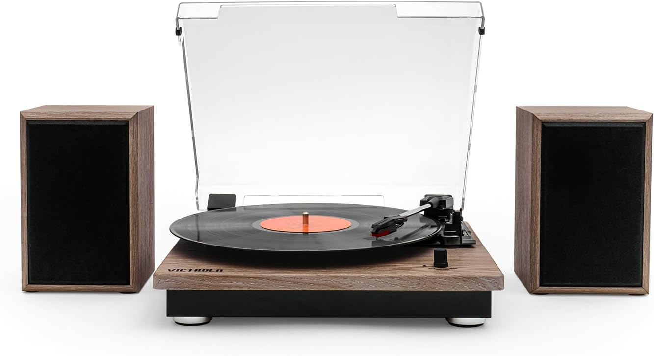 Montauk Vinyl Record Player, Oak Finish, 3-Speed Belt Driven Turntable with Stereo Bluetooth Speaker Pair, RCA Output and 3.5mm Headphone Jack, Removable Dust Cover