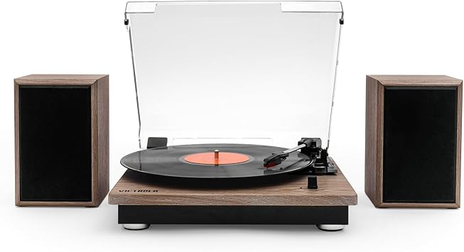 Victrola Montauk Vinyl Record Player, 3-Speed Belt Driven Turntable with Stereo Bluetooth Speaker Pair, RCA Output and 3.5mm Headphone Jack, Removable Dust Cover, Farmhouse Walnut Finish