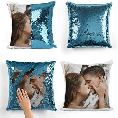 Personalised Blue Sequin Cushion Cover Magic Reveal Photo Printed Gift Custom Pillow (Blue, With Pillow)
