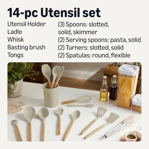 Amazon Basics Silicone Cooking Utensils Set with Wooden Handle, 14-Piece, BPA-Free, Utensil Holder Included, Linen Gray view 2