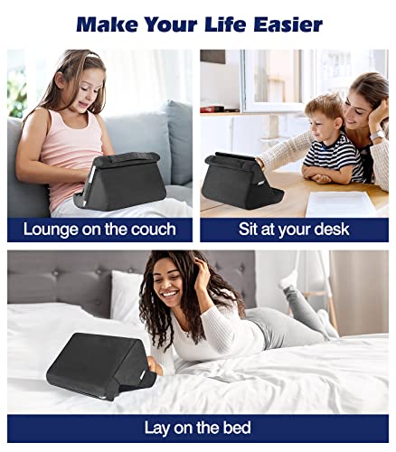 MoKo Soporte de Almohada para Tablet 12,9" Compatible con iPad 10,2 2022, Galaxy Tab S9/S9+, Soporte para Tableta E-Reader para Sofá Cama Ajustable 3 Ángulos de Visión con Bolsillo Lavable, Negro