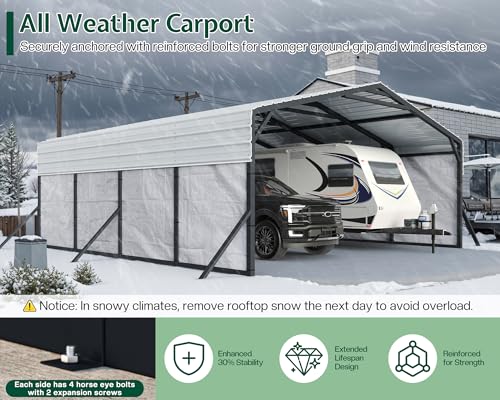 Image of Jocisland 20x20 FT Heavy Duty Metal Carport, All-Weather Car Carport with Waterproof Removable Sidewall, Galvanized Steel Roof & Reinforced Base, Canopy for Full-Sized Pickups, Bass Boats and Tractors