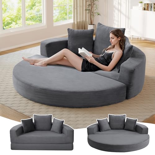 TTK 67” Oversized Round Sofa Bed, 2 in 1 Convertible Circle Bed Folding Futon Lazy Floor Round Chaise Lounge Chair Comfy Corduroy Boneless Loveseat Couch for Living Room Apartment No Assembly (Grey)