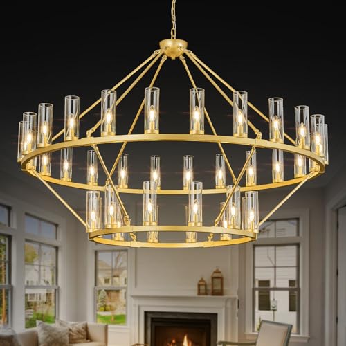 Image of 63 Inch Large Gold Wagon Wheel Chandelier with Clear Glass Shade 2 Tier 36-Lights Round Pendant Light Farmhouse Industrial Chandeliers Dining Room Light Fixture for Stair Living Room Foyer