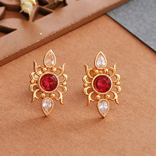 Abharan Red Round Stones Stud Earrings