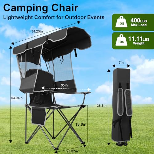 Image of Romswi Large Folding Canopy Camping Chairs for Adult 2 Pack, Portable Outdoor Chairs with Sunshade,Cup Holder & Side Pocket for Camping, Fishing, Beach, Backyard, Black