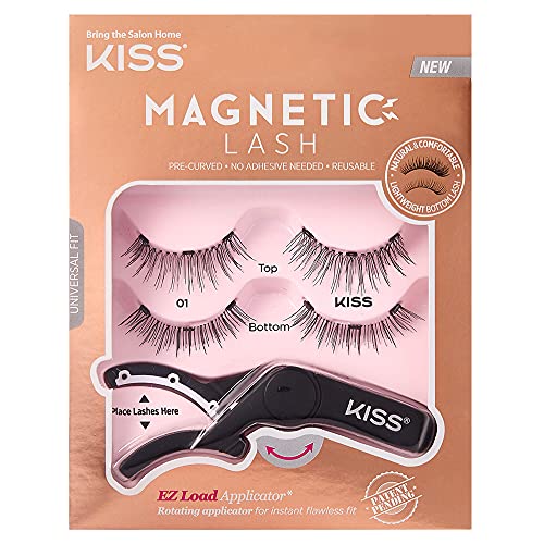 KISS Magnetic Lash 01, Synthetic False Eyelashes with Magnets Under and Over Your Upper Lashes, No Glue Needed, Lightweight, Reusable, Contact Lens Friendly, Cruelty Free, with Lash Applicator, 1 Pair