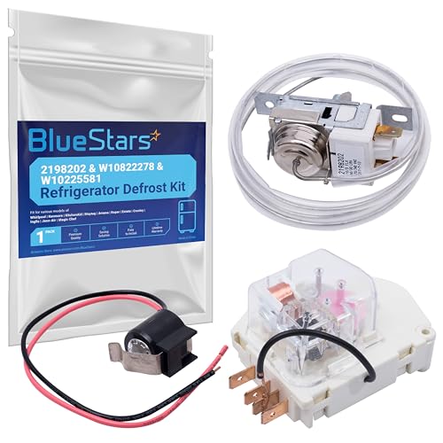 BlueStars Upgraded 2198202 Cold Control Thermostat W10822278 Defrost Timer W10225581 Bimetal Thermostat Refrigerator Defrost Complete Kit Replacement Compatible with Whirlpool Kenmore Refrigerators