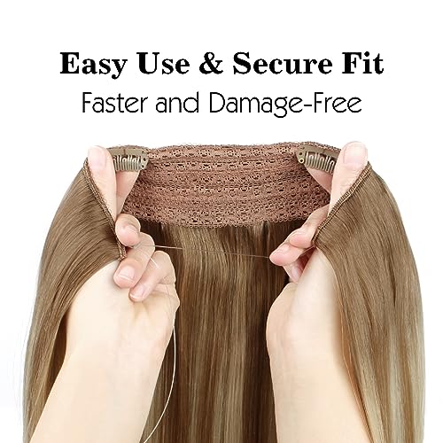Sassina Invisible Line Hair Extensions Real Human Hair, Balayage Color Ash Brown Mixed to White Platinum Blonde Natural Hair Pieces No Glue Human Hair Piece with Invisible Miracle Wire B8-60# 20 Inch 120g - Thumbnail 5