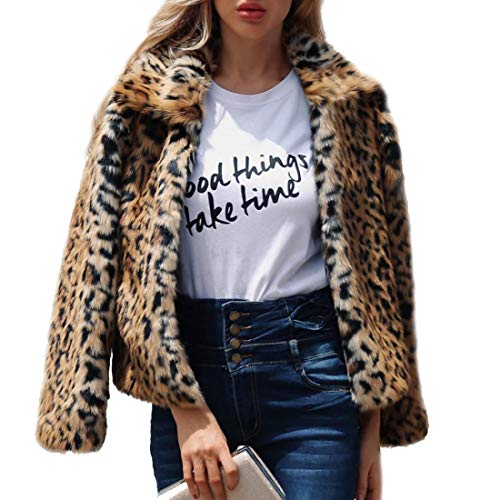 Comeon Womens Open Front Long Sleeve Winter Warm Coat Outwear Chic Leopard Lapel Jacket Cardigan for Club Cocktail (XL)