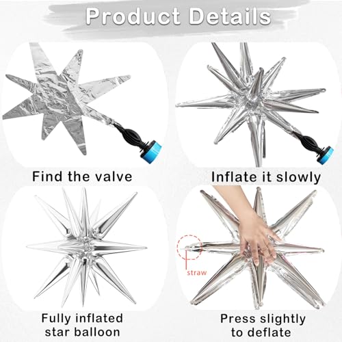 20 Pcs Star Balloons 27”22”Explosion Foil Balloons- Spike Balloon and Four Pointed Star Balloon for Party Supplies Christmas Birthday Wedding Photo Booth (Silver Black) - Image 5